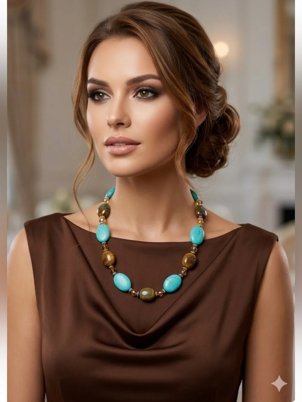 Cynthia Gale Faux Turquoise & Brown Beaded Statement Necklace 21”
